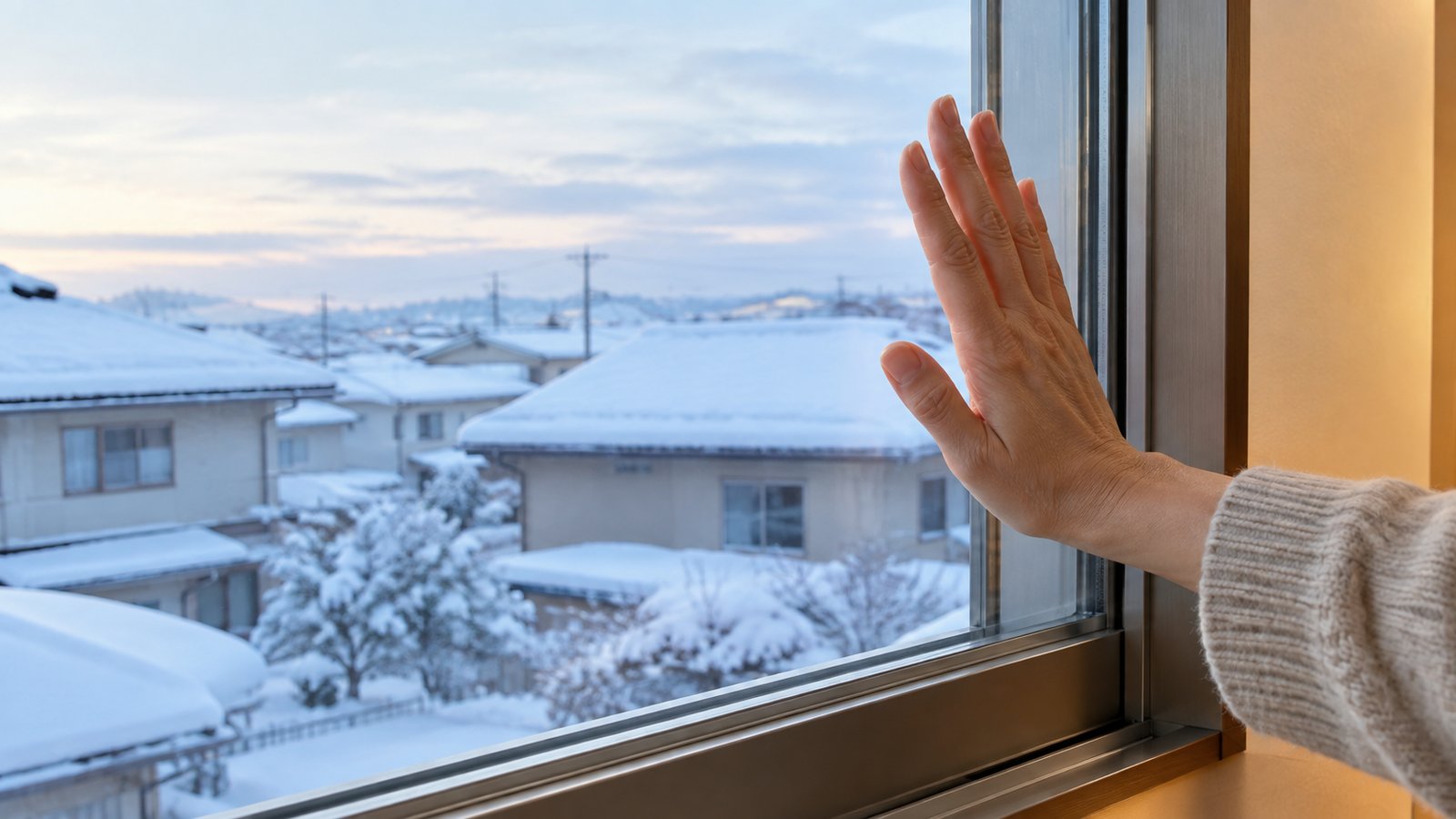 雪景色の外を背に、澄んだ真空ガラスに室内から手を当てている